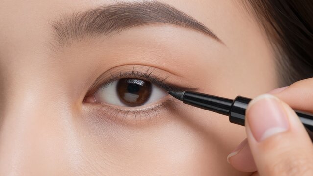 Close-Up of Eye Makeup Application with Eyeliner Tool in Hand
