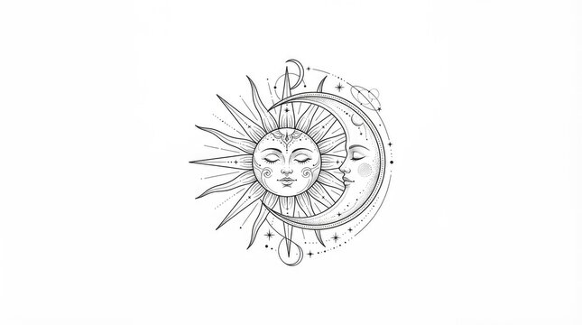 Intricate blackwork sun and moon tattoo design with celestial mandala patterns and fine line art