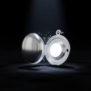 Gleaming silver locket opening to reveal a bright radiant glow and scattering particles