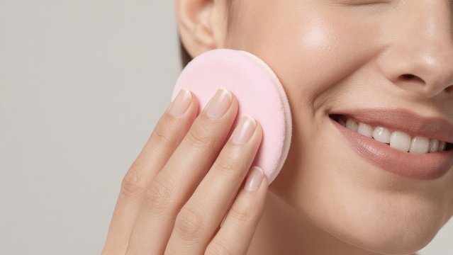 Woman Applying Makeup with Pink Cosmetic Sponge on Flawless Skin