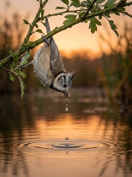 Bird hanging branch