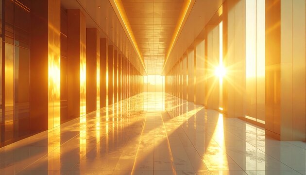 Luxury corridor with golden hour sunlight and a soft lens glow spreading across glossy surfaces