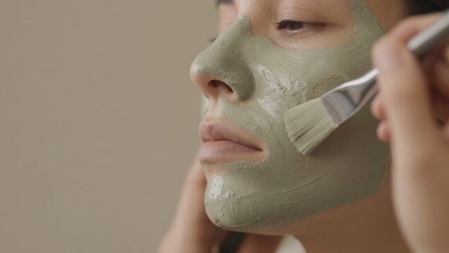 Woman Receiving Facial Treatment with Green Clay Mask Application