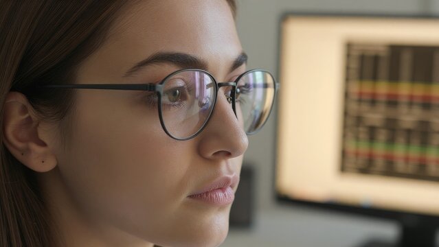 Young Woman with Glasses Focused on Computer Screen in Office Environment