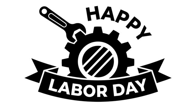 Happy labor day celebration with gear wrench and banner on white background
