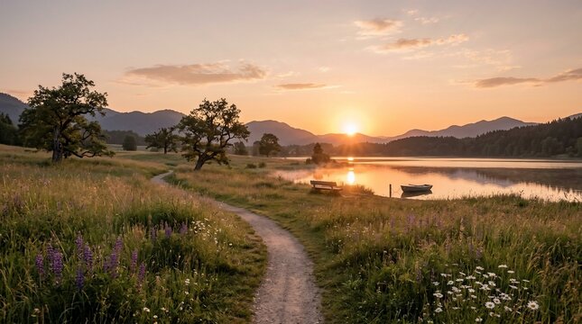Peaceful lake sunset