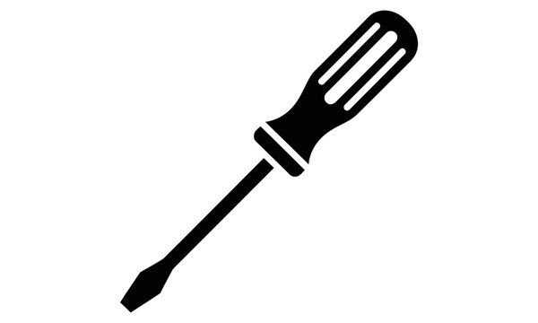 Black silhouette of a flathead screwdriver isolated on a plain white background