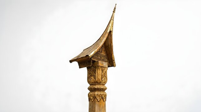 Ornate carved wooden pillar with traditional Minangkabau Gonjong roof representing Indonesian heritage