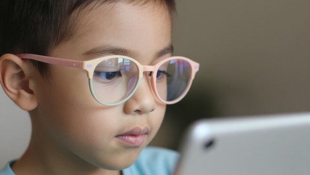 Young Boy Engrossed in Digital Device with Colorful Glasses