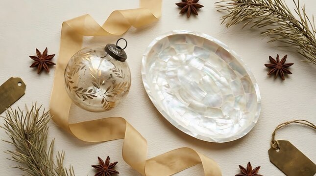 Christmas ornament with shell plate and holiday decorations.