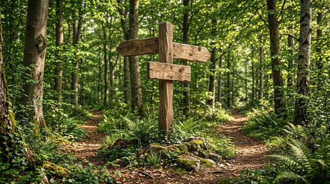 Wooden crossroad signpost in lush green forest with diverging paths