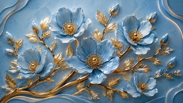 Beautiful 3D wall art featuring sculpted baby blue flowers with shimmering gold centers, stems, and leaves on a matching blue backdrop.