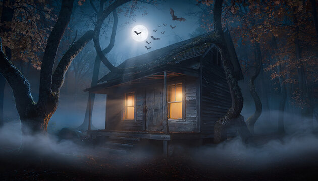 Spooky wooden cabin glows in a dark forest at night under a full moon with flying bats.