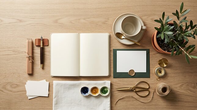 Creative workspace flat lay with blank notebook and art supplies