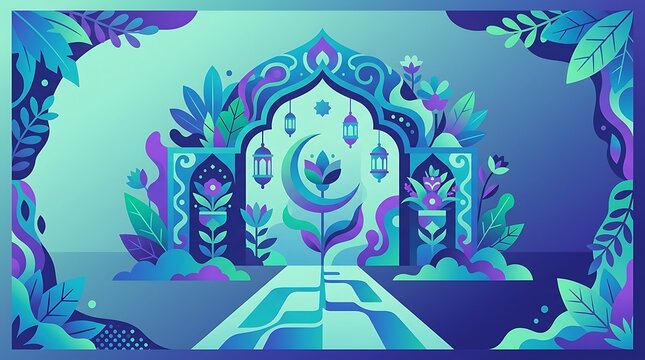 Islamic archway with crescent moon and hanging lanterns background