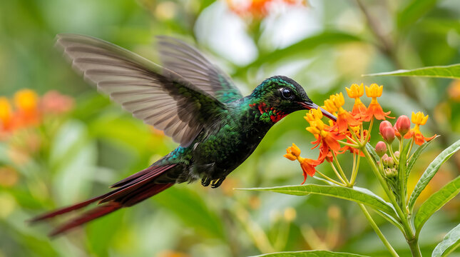 Hummingbird hovering and feeding on orange tropical flowers in a lush garden setting