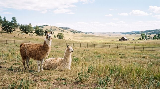 Two Llamas on Countryside Farm Ranch Field Landscape