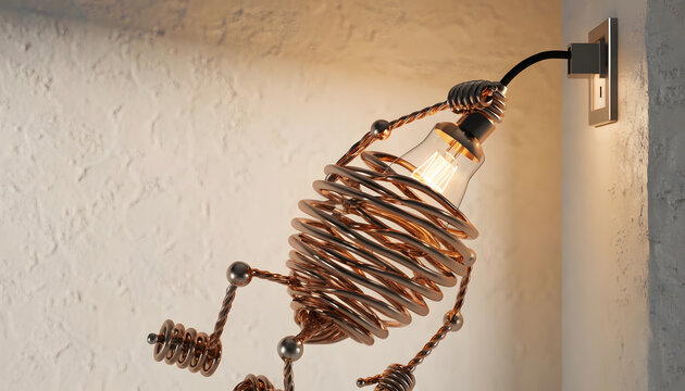 Wireframe lightbulb robot character made of coiled copper wire pulling an electrical cord. Creative idea generation and power plug connection. Small robot struggling to power a lightbulb head
