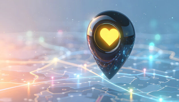 Glowing heart icon inside a glossy location pin marker on a digital map. Navigation system and favorite places tracking. Map pin marking a romantic location on a glowing network grid