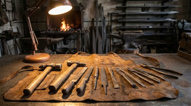 An assortment of antique blacksmithing tools laid out on a leather apron in a rustic forge with a glowing fire in the background