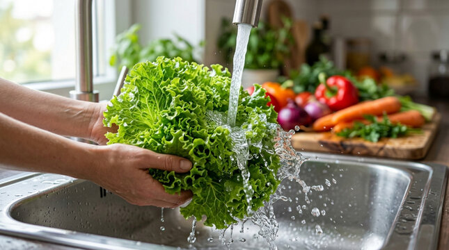 Washing Fresh Lettuce in Kitchen Sink with Vegetables Background