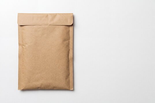 Blank kraft paper padded envelope lying flat on a white surface