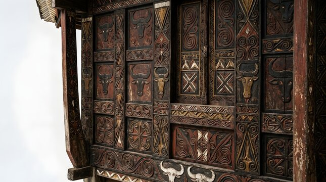 Traditional Indonesian heritage featuring hand-carved wooden wall panels with intricate Toraja motifs