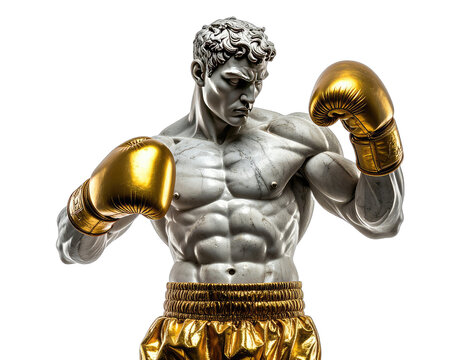 A marble statue of a muscular boxer in golden gloves and shorts stands against a black background.