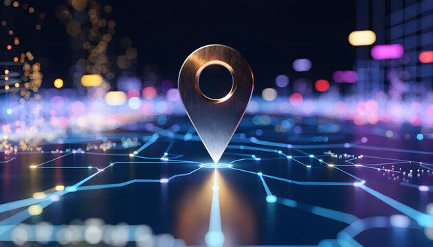 Digital location pin icon on a glowing smart city circuit map. Navigation, GPS tracking, and spatial data systems. Metallic location marker placed on futuristic digital city map