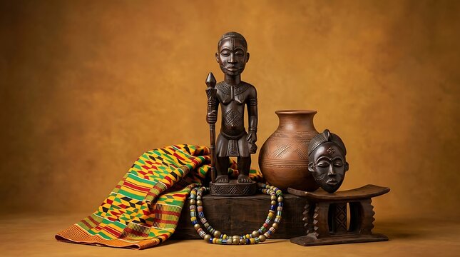 Traditional african artifacts and kente cloth on a warm background
