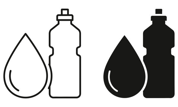 Set of water bottle and water drop icons in both outline and solid black style designs