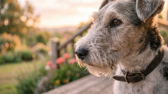 A happy airedale terrier dog looking away in a sunny green garden during the day