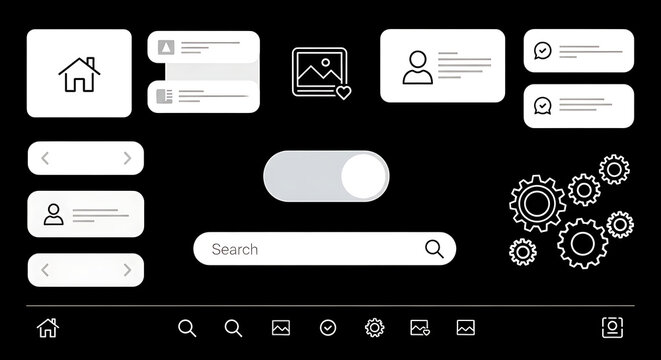 Modern UI design elements on dark background.