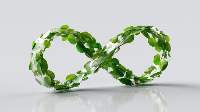 Infinity symbol made of green leaves and white material, symbolizing sustainability and infinite possibility