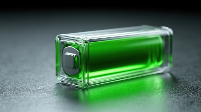 A clear glass container holding a vibrant green liquid, resembling a charged battery cell. The futuristic design suggests power and energy