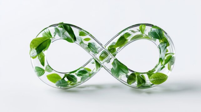 An infinity symbol formed with clear material and filled with vibrant green leaves, representing eternal nature and sustainability