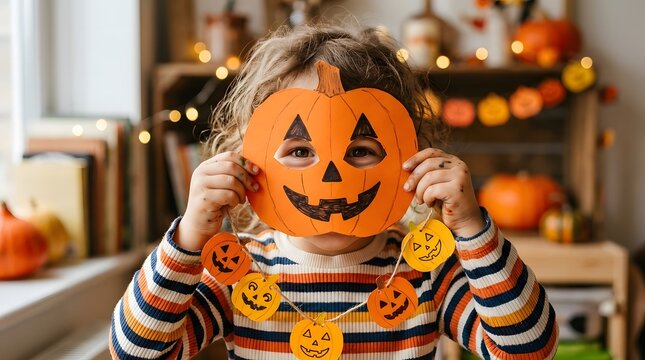 A cheerful toddler joyfully celebrates halloween playfully holding a vibrant pumpkin mask with festive decorations
