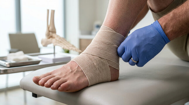 Doctor bandaging injured ankle in medical clinic, close-up