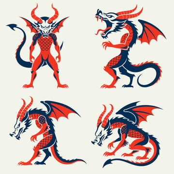 Collection of fierce dragon demon mascot characters in red and black flat vector style
