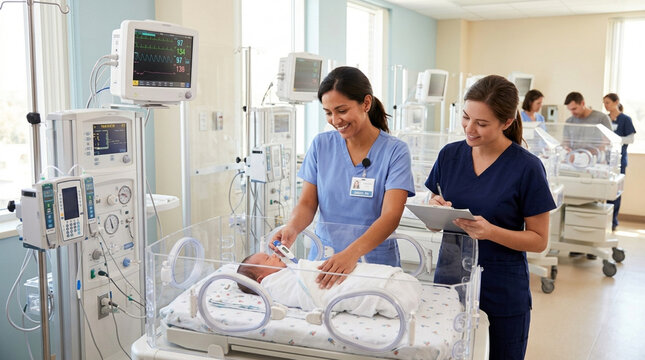 Nurses caring for newborns in a modern NICU with incubators and medical equipment