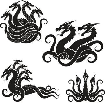 Monochrome tribal dragon heads and coiled serpent bodies collection for creative graphics