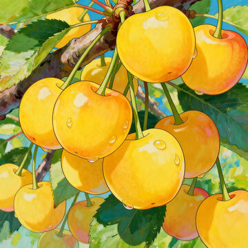 Impasto Oil Painting Yellow Rainier Cherries on Branch