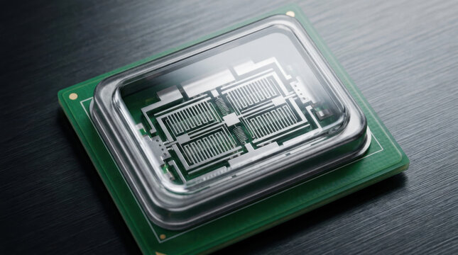 Accelerometer sensor on circuit board with microchip and electronic components close up view showing detailed design