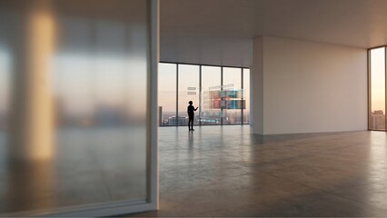 Fototapeta premium Cinematic framed photography of a modern compliance office with an officer analyzing an AI ethics hologram
