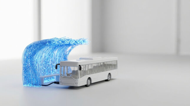 Electric bus model connected to fiber optic cables representing modern technology and innovation