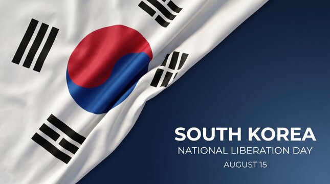 Waving south korean flag with red and blue taegeuk symbol and black trigrams on white fabric against a dark blue background with south korea national liberation day august 15 text overlay