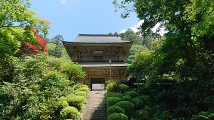新緑に囲まれた石段の先に建つ歴史ある山寺の山門 © pero