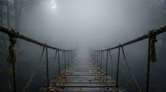 Misty ethereal forest scene features a long, weathered wooden rope bridge stretching into thick fog, creating a mysterious and atmospheric journey through dense woods.