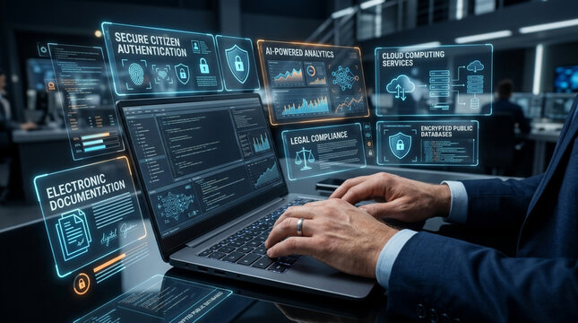 Cybersecurity Expert Working on Laptop with Futuristic Digital Interface