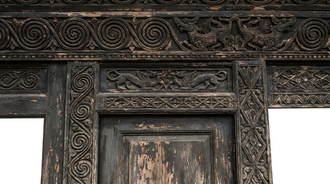 Traditional Batak Toba House Detail Featuring Intricate Hand-Carved Gorga Wooden Ornaments Heritage